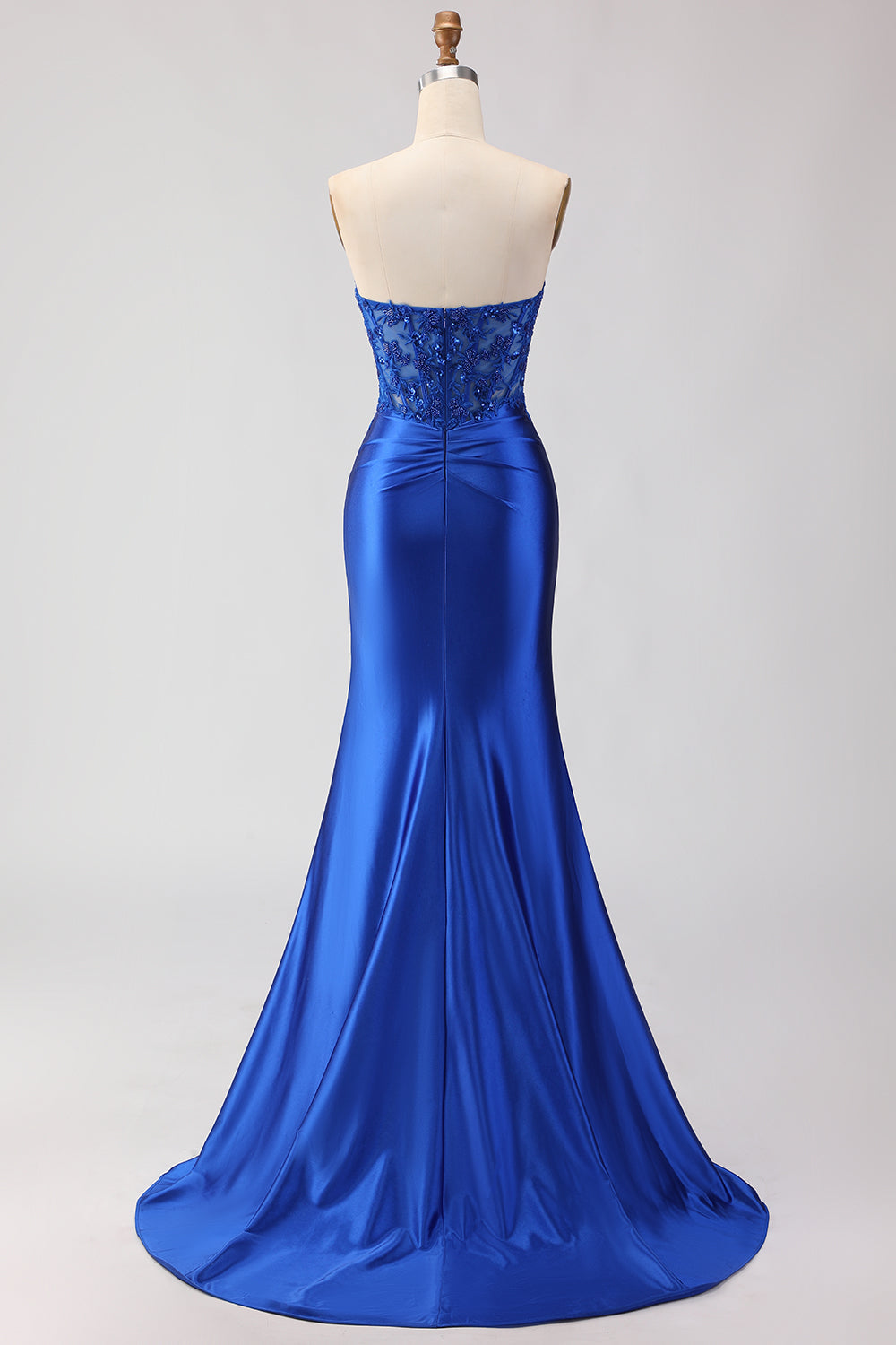 Sparkly Royal Blue Appliqued Corset Long Mermaid Prom Dress with Slit