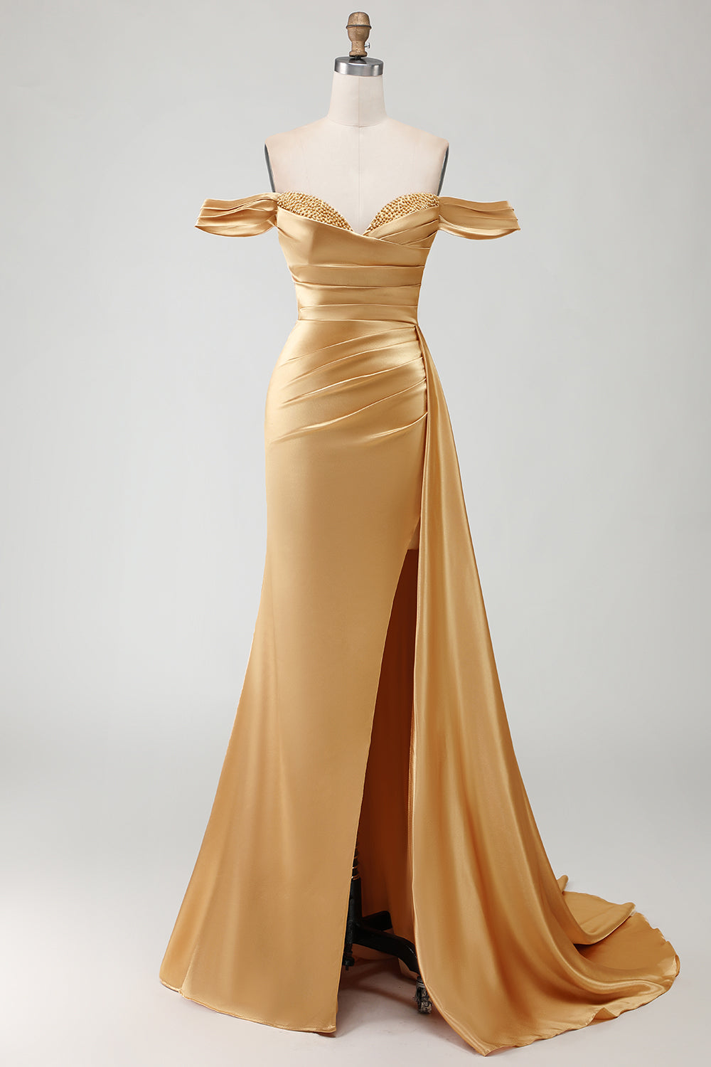 Sparkly Golden Mermaid Off the Shoulder Ruched Long Prom Dress with Slit