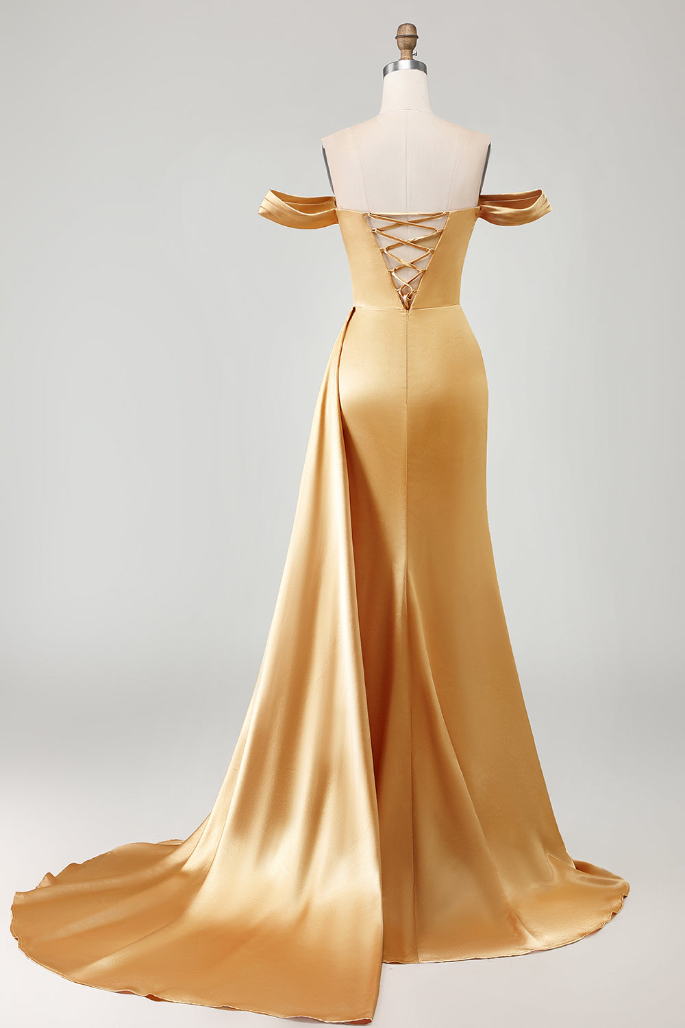 Sparkly Golden Mermaid Off the Shoulder Ruched Long Prom Dress with Slit