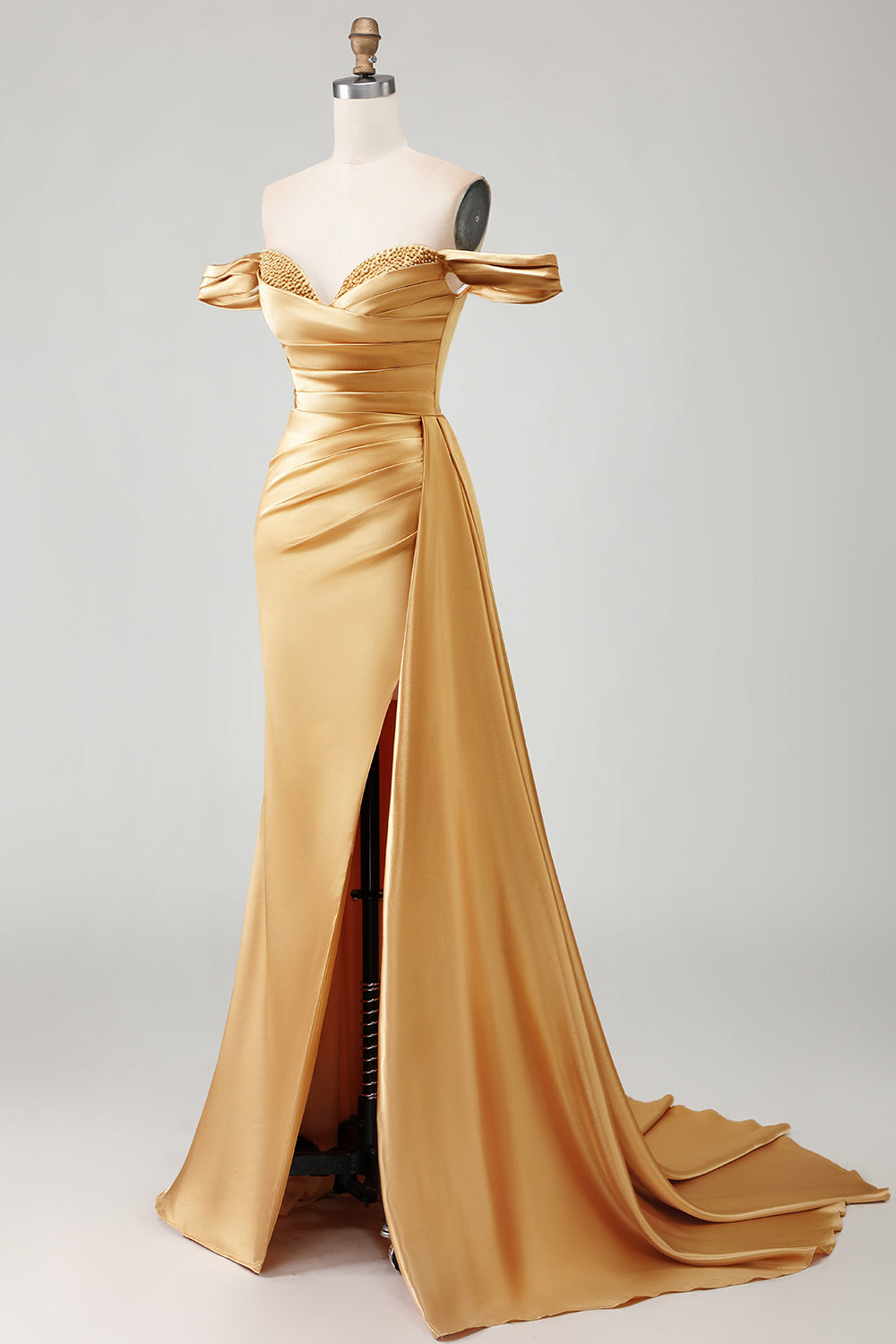 Sparkly Golden Mermaid Off the Shoulder Ruched Long Prom Dress with Slit
