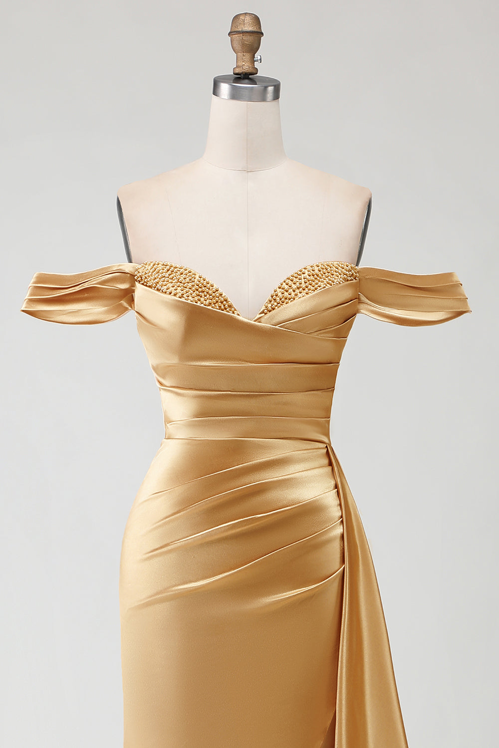 Sparkly Golden Mermaid Off the Shoulder Ruched Long Prom Dress with Slit