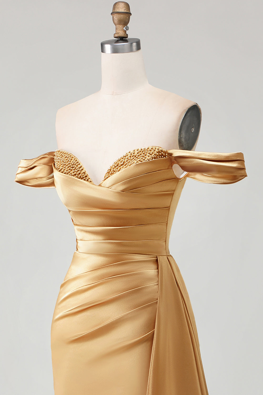 Sparkly Golden Mermaid Off the Shoulder Ruched Long Prom Dress with Slit