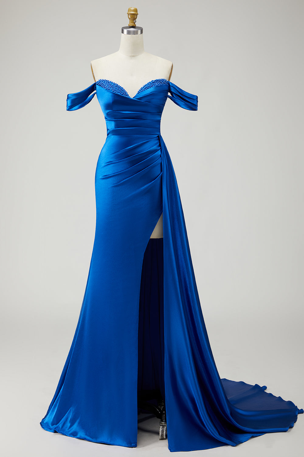 Elegant Royal Blue Satin Mermaid Long Ruffled Prom Dress with Side Cape