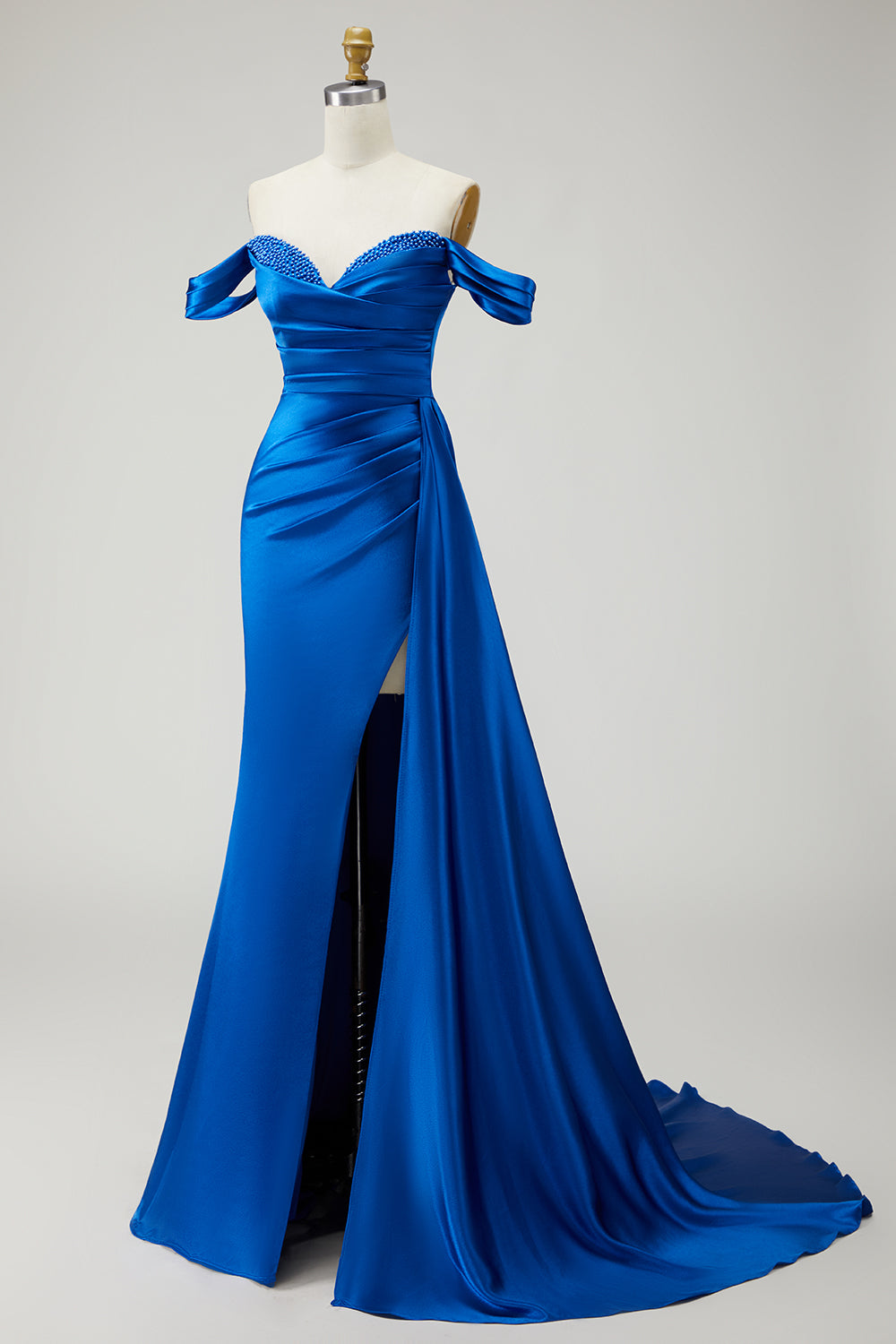 Elegant Royal Blue Satin Mermaid Long Ruffled Prom Dress with Side Cape