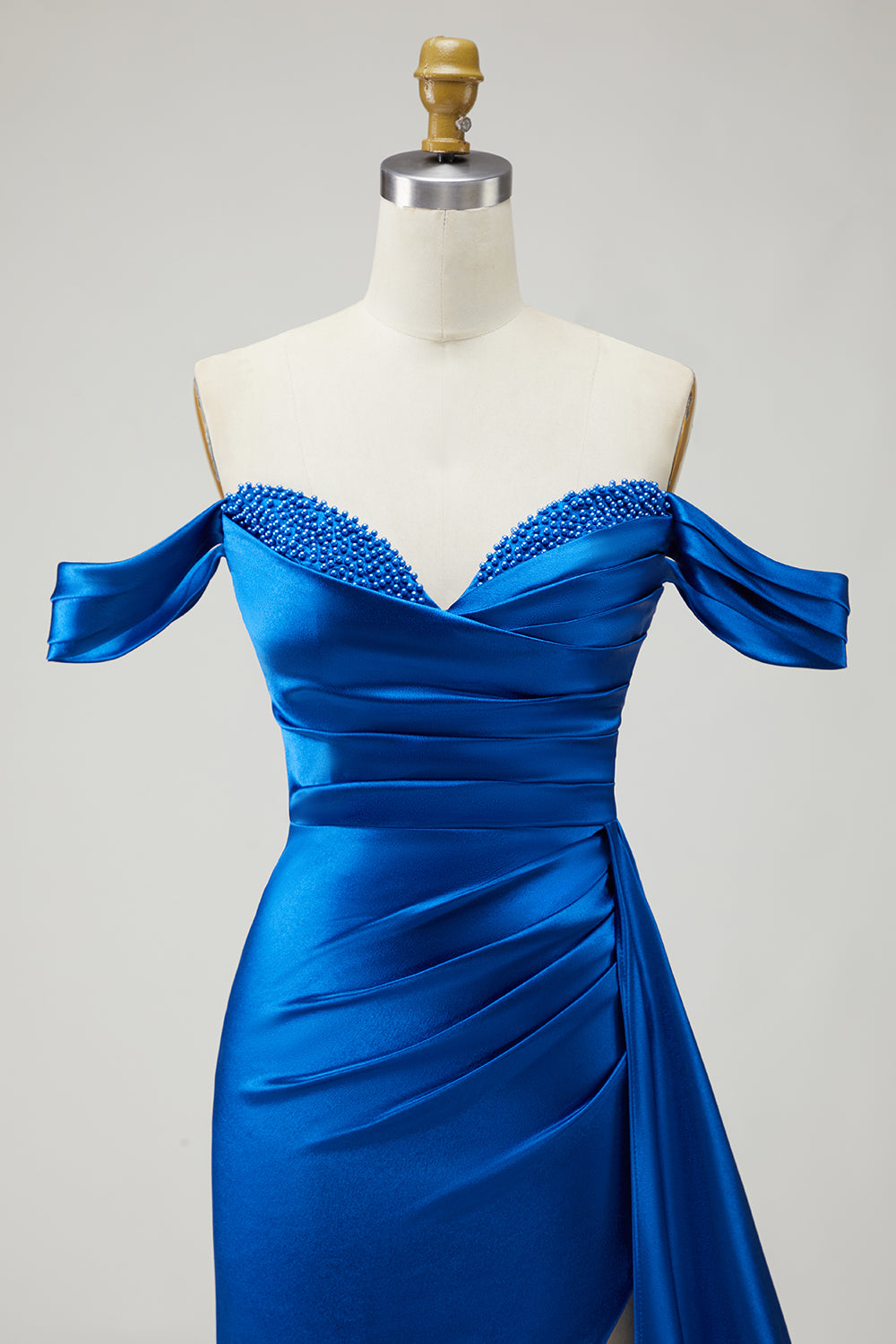 Elegant Royal Blue Satin Mermaid Long Ruffled Prom Dress with Side Cape