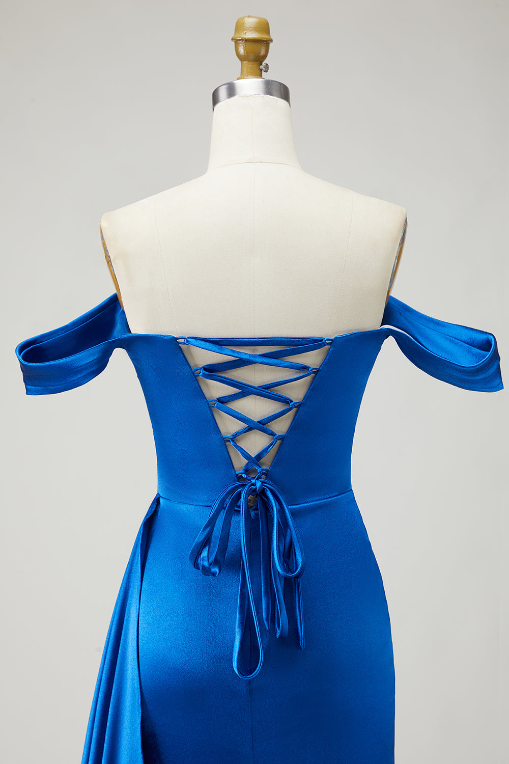 Elegant Royal Blue Satin Mermaid Long Ruffled Prom Dress with Side Cape