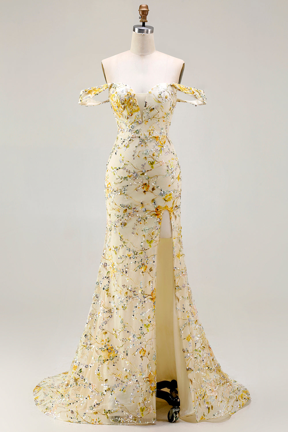 Floral Yellow Mermaid Off the Shoulder Long Prom Dress with Embroidery