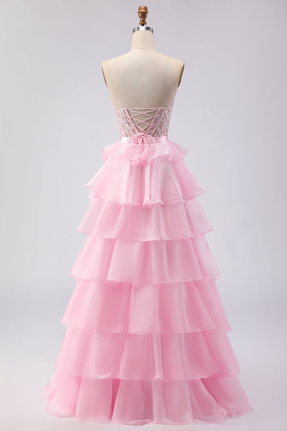 Pink A Line Sweetheart Tiered Long Corset Prom Dress with Slit