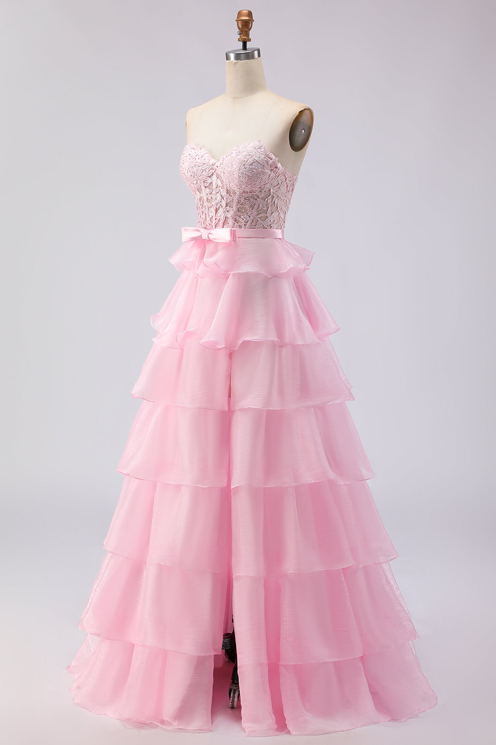 Pink A Line Sweetheart Tiered Long Corset Prom Dress with Slit