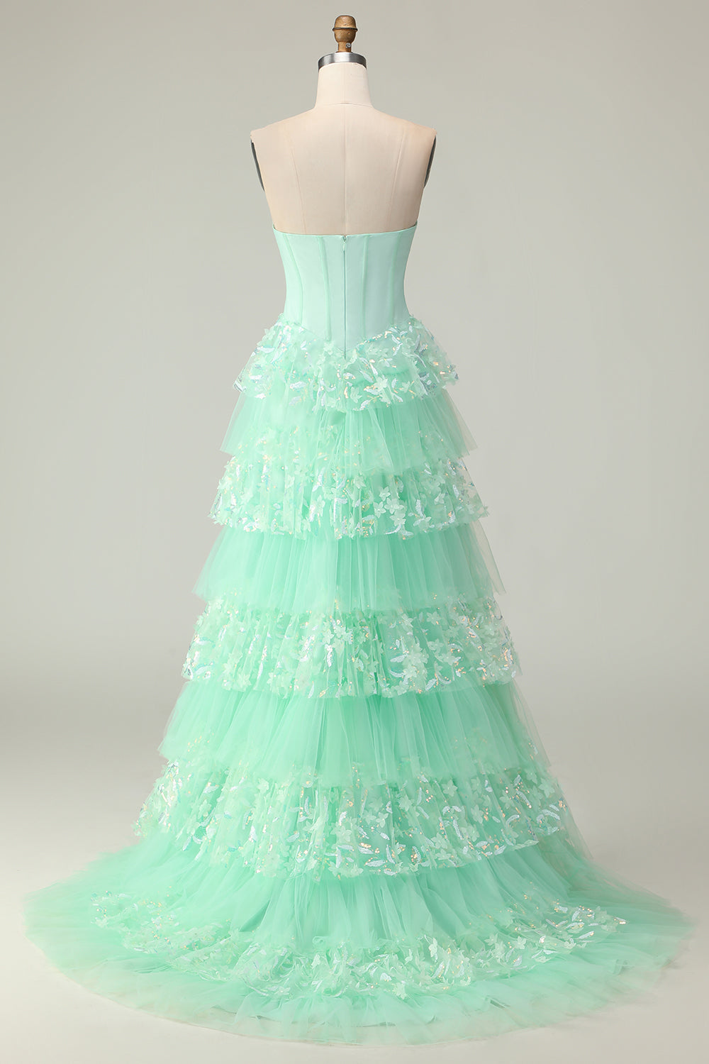 Green A-Line Tulle Strapless Tiered Long Corset Prom Dress with Bow