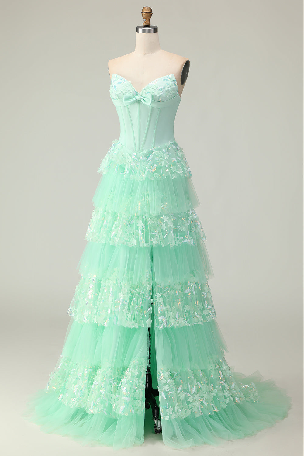 Green A-Line Tulle Strapless Tiered Long Corset Prom Dress with Bow