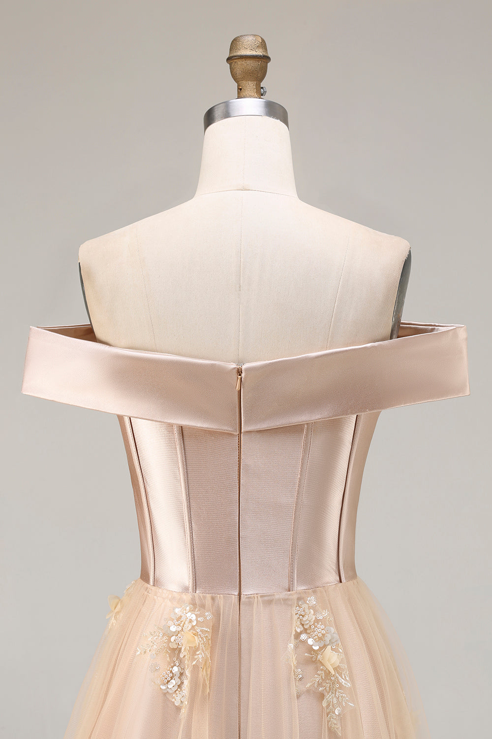 Floral Champagne Mermaid Off the Shoulder Long Prom Dress with Appliques