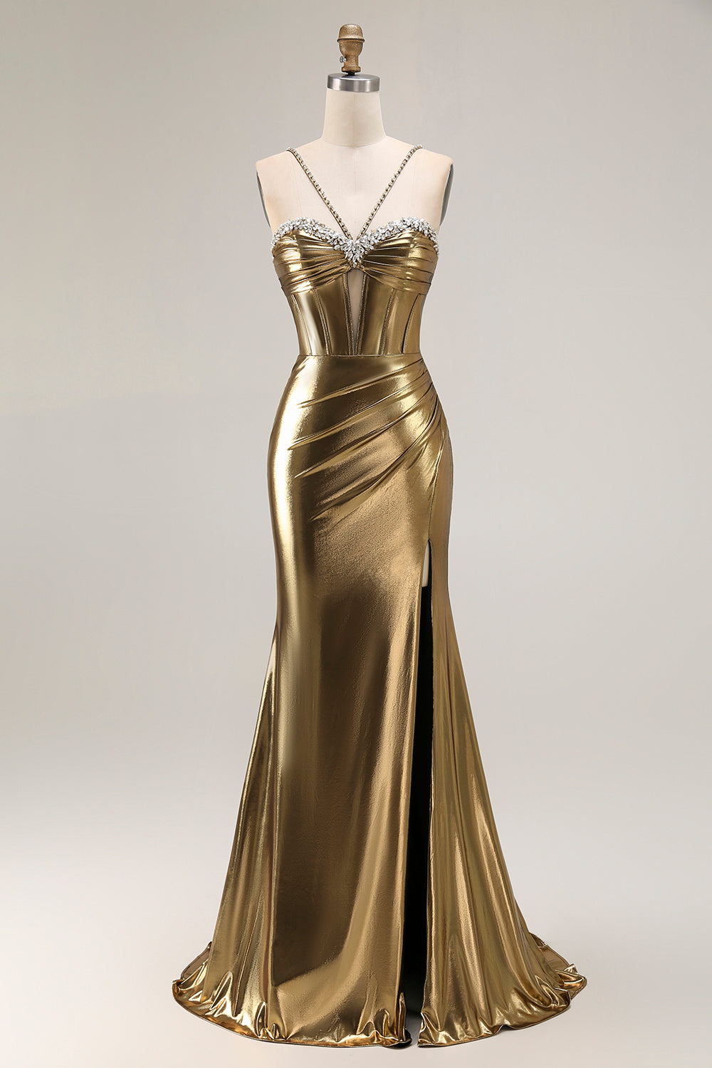 Sparkly Golden Metallic Mermaid Long Corset Prom Dress with Slit