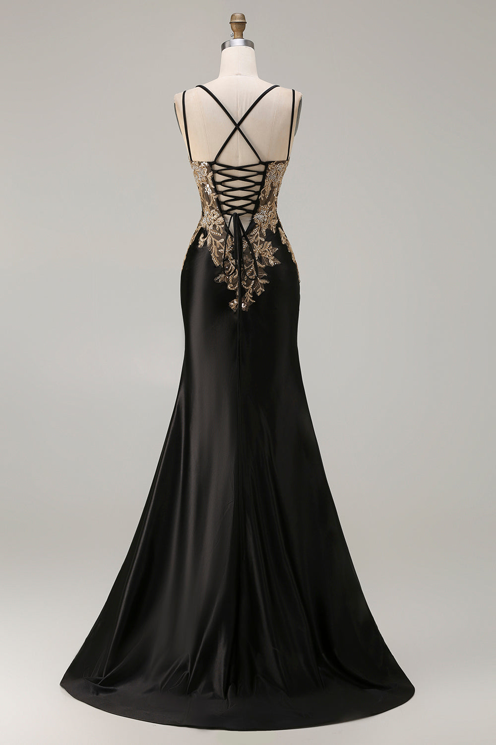 Floral Black Satin Appliqued Mermaid Long Corset Prom Dress with Slit