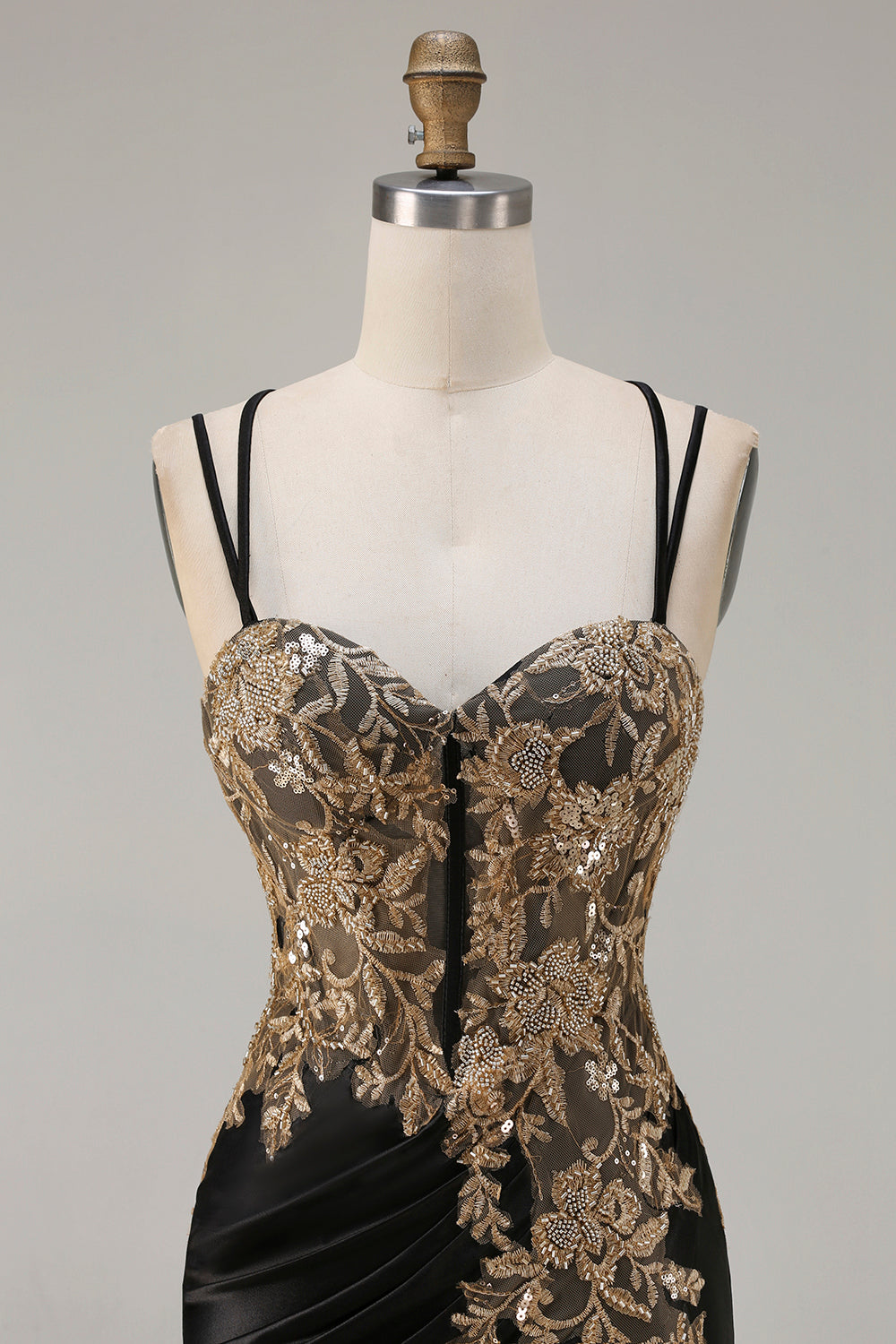 Floral Black Satin Appliqued Mermaid Long Corset Prom Dress with Slit