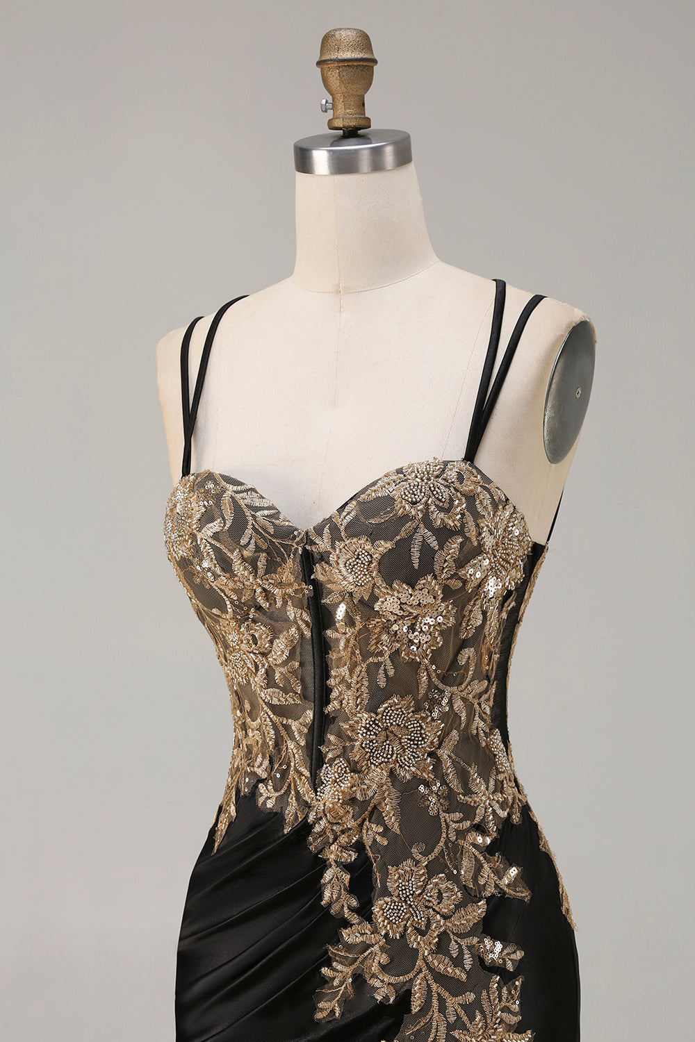 Floral Black Satin Appliqued Mermaid Long Corset Prom Dress with Slit