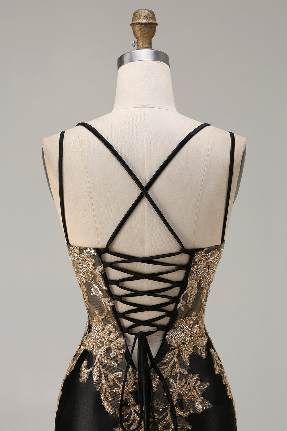 Floral Black Satin Appliqued Mermaid Long Corset Prom Dress with Slit