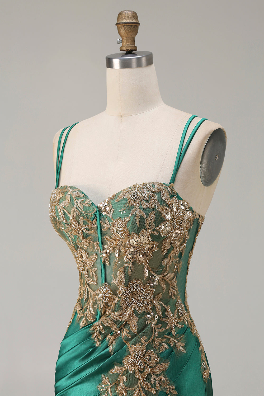 Sparkly Dark Green Mermaid Corset Long Satin Prom Dress with Slit