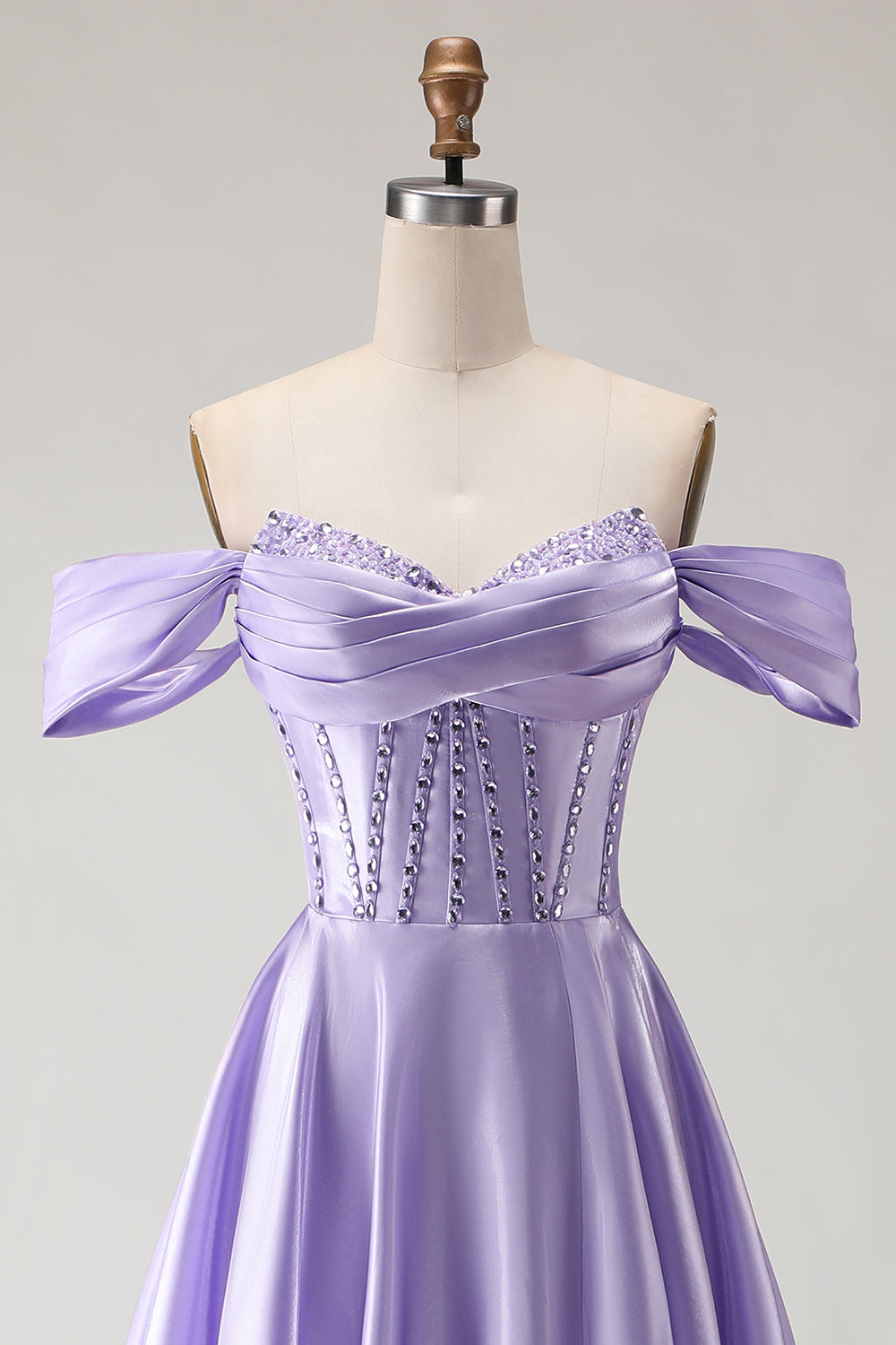 Sparkly Purple A-Line Satin Off the Shoulder Long Corset Prom Dress with Slit