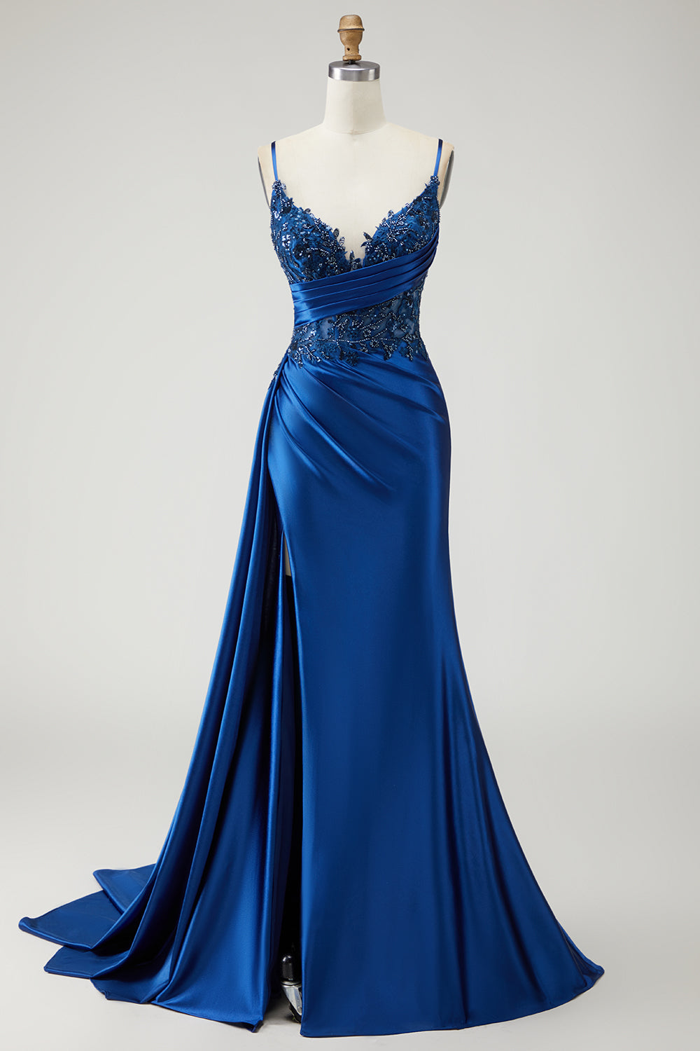Sparkly Navy Satin Beaded Side Cape Long Mermaid Prom Dress with Slit