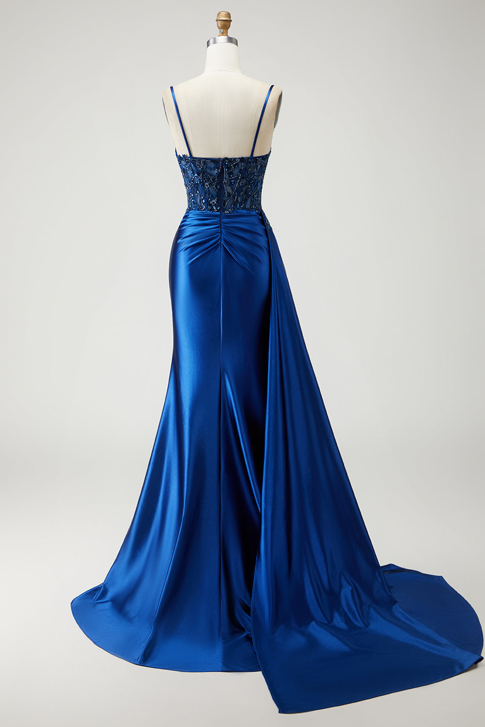 Sparkly Navy Satin Beaded Side Cape Long Mermaid Prom Dress with Slit