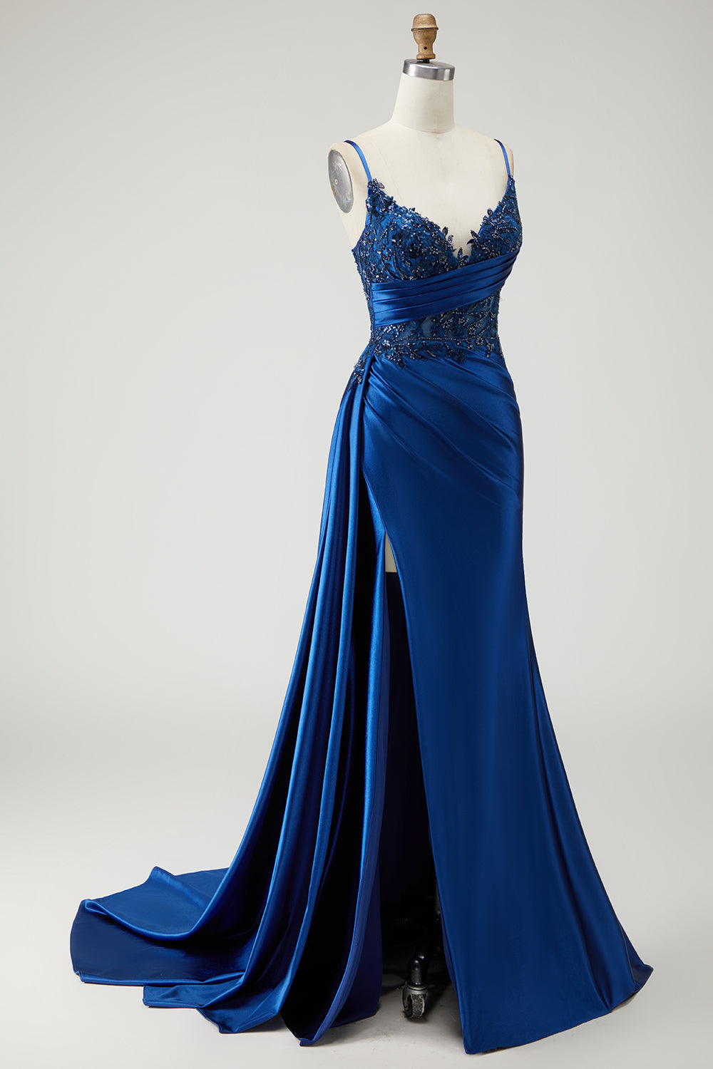Sparkly Navy Satin Beaded Side Cape Long Mermaid Prom Dress with Slit