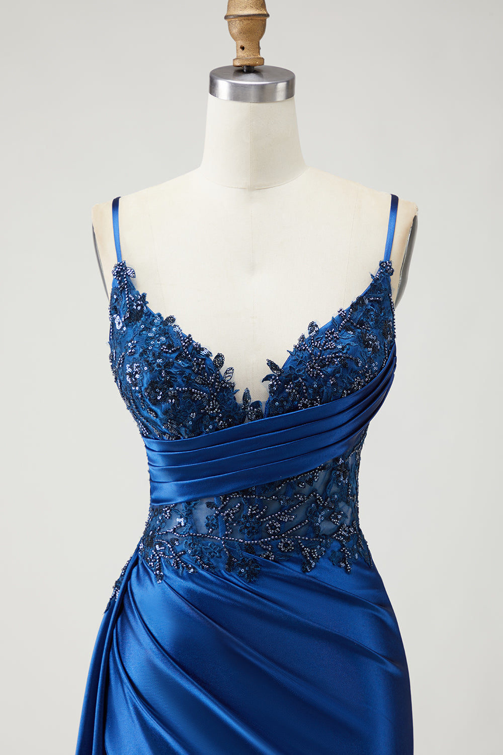 Sparkly Navy Satin Beaded Side Cape Long Mermaid Prom Dress with Slit