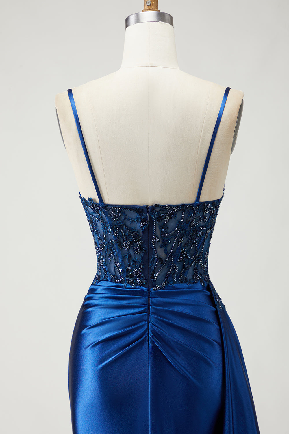 Sparkly Navy Satin Beaded Side Cape Long Mermaid Prom Dress with Slit