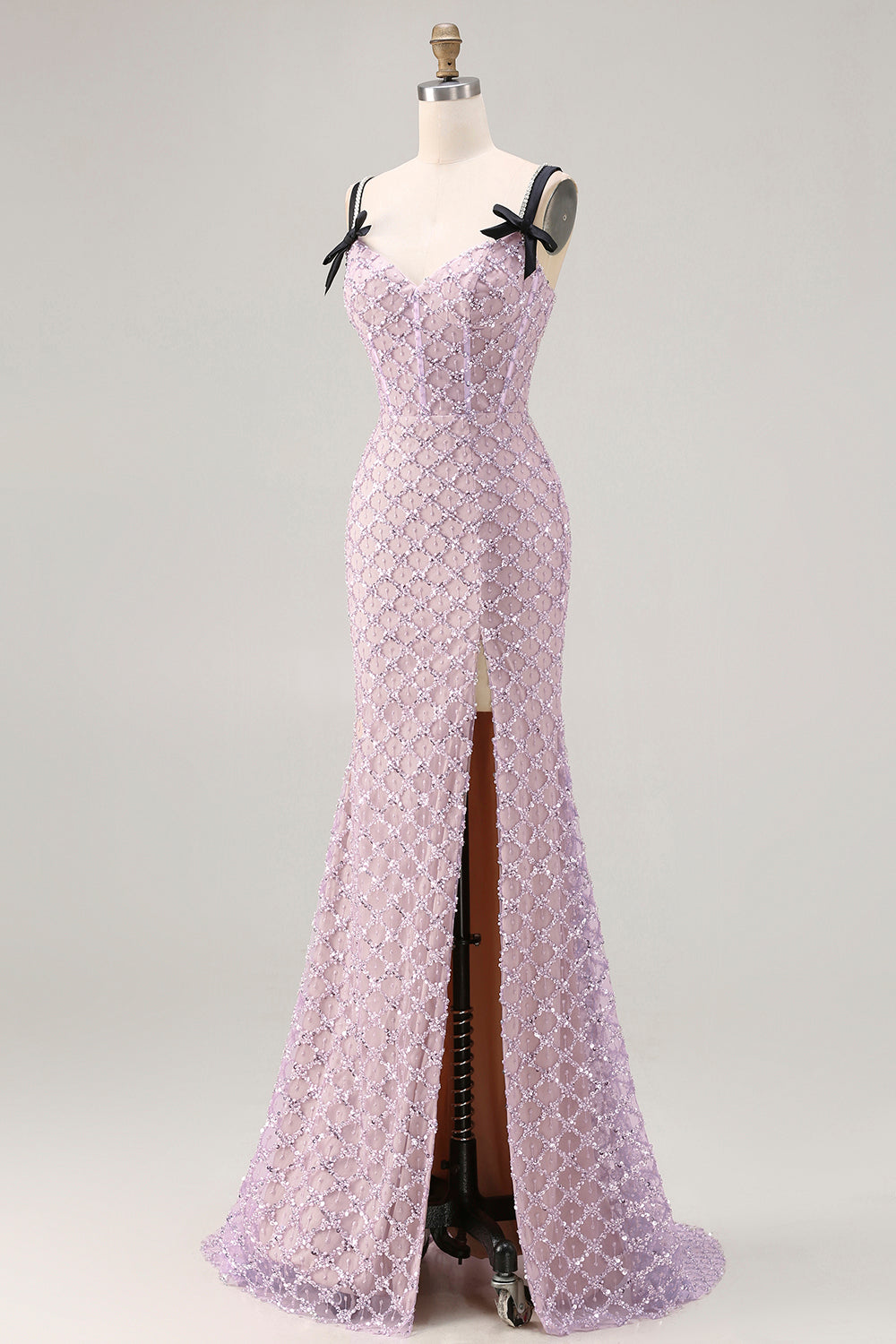 Sparkly Lilac Sequins Mermaid Long Corset Prom Dress with Slit