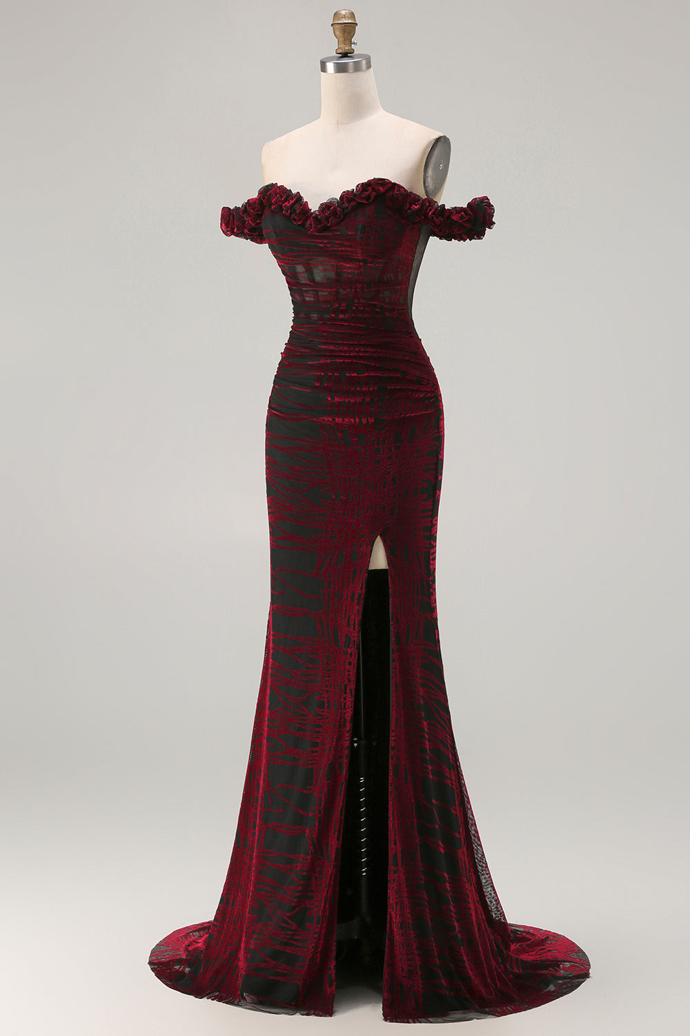 Elegant Black and Red Mermaid Off the Shoulder Long Corset Prom Dress with Slit