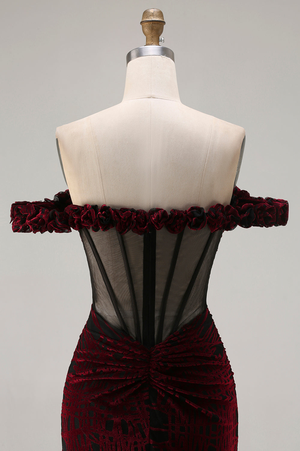 Elegant Black and Red Mermaid Off the Shoulder Long Corset Prom Dress with Slit