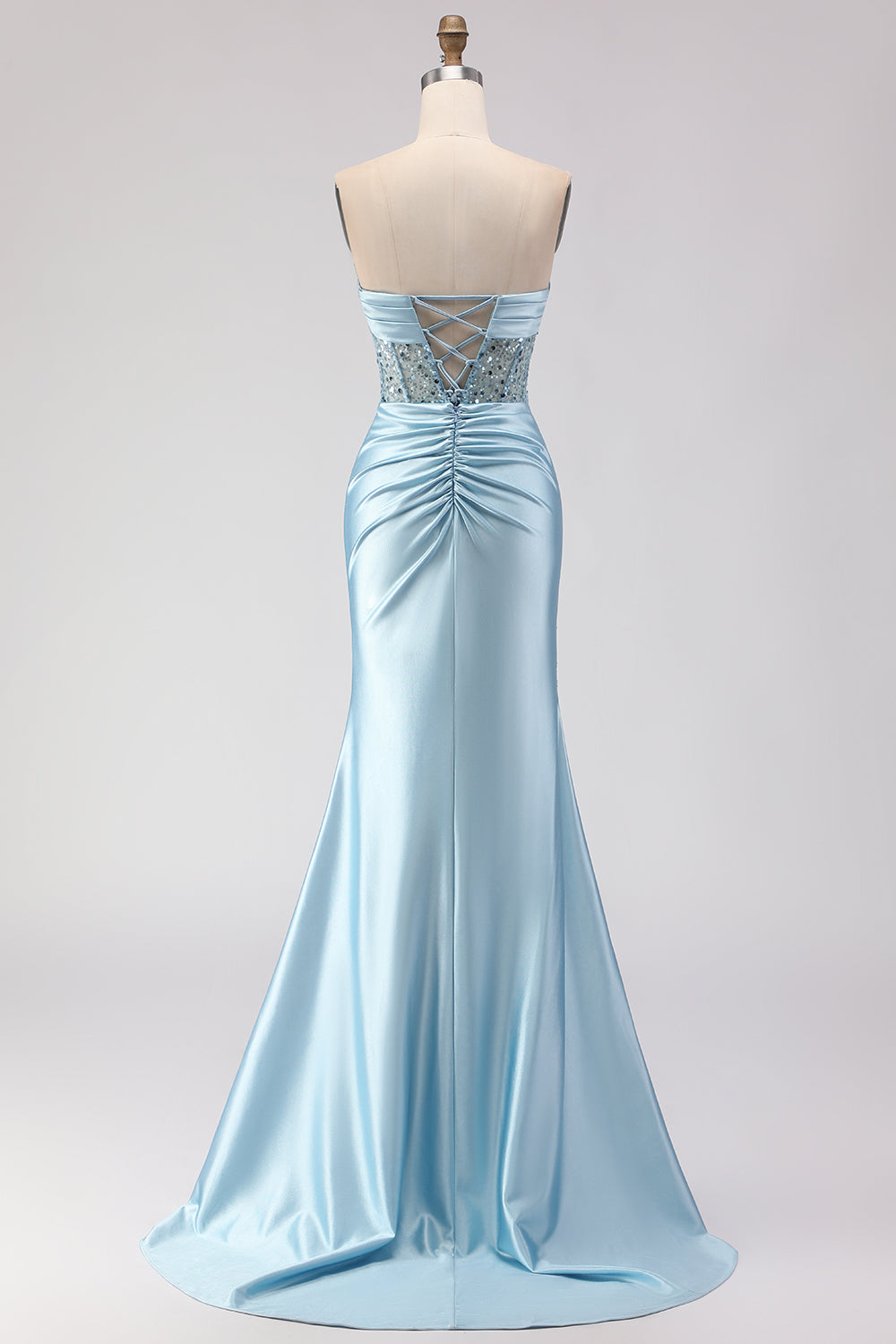 Sparkly Blue Mermaid Corset Strapless Beaded Long Satin Prom Dress with Slit