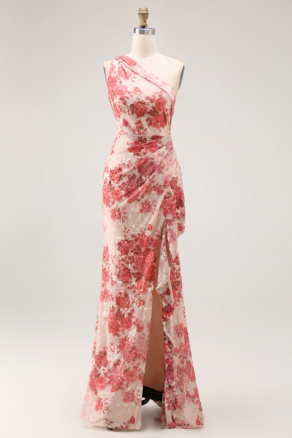 Floral Champagne Mermaid One Shoulder Long Prom Dress with Slit