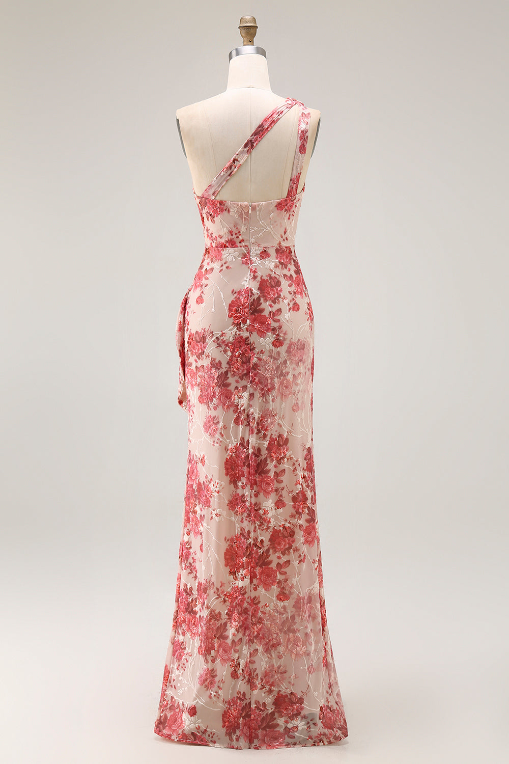 Floral Champagne Mermaid One Shoulder Long Prom Dress with Slit
