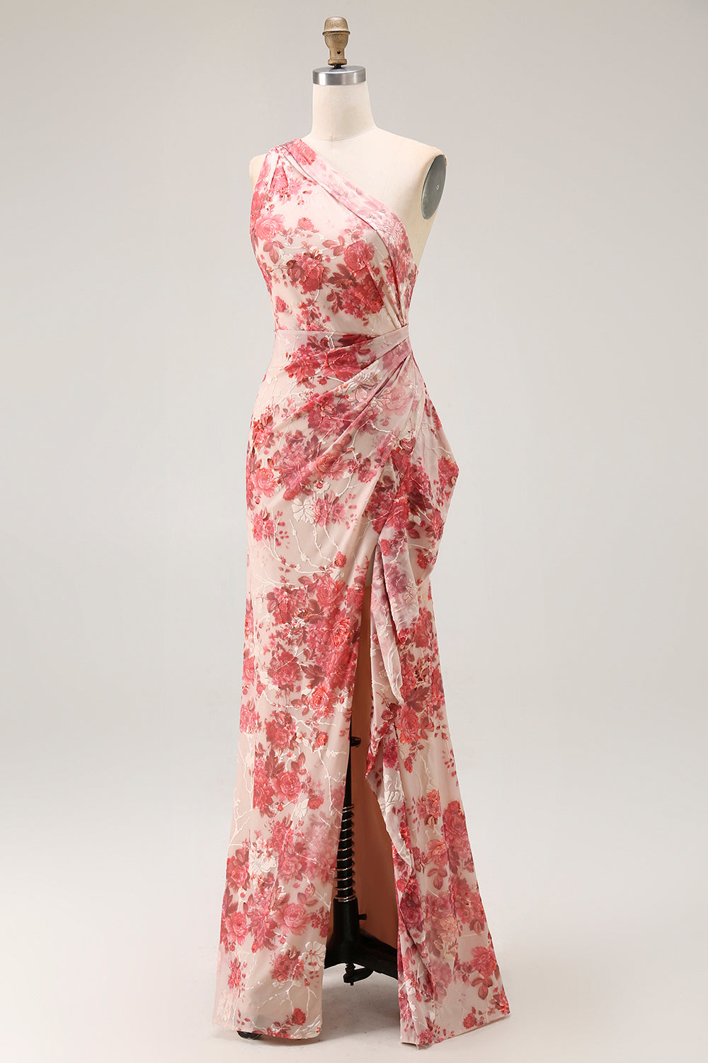Floral Champagne Mermaid One Shoulder Long Prom Dress with Slit