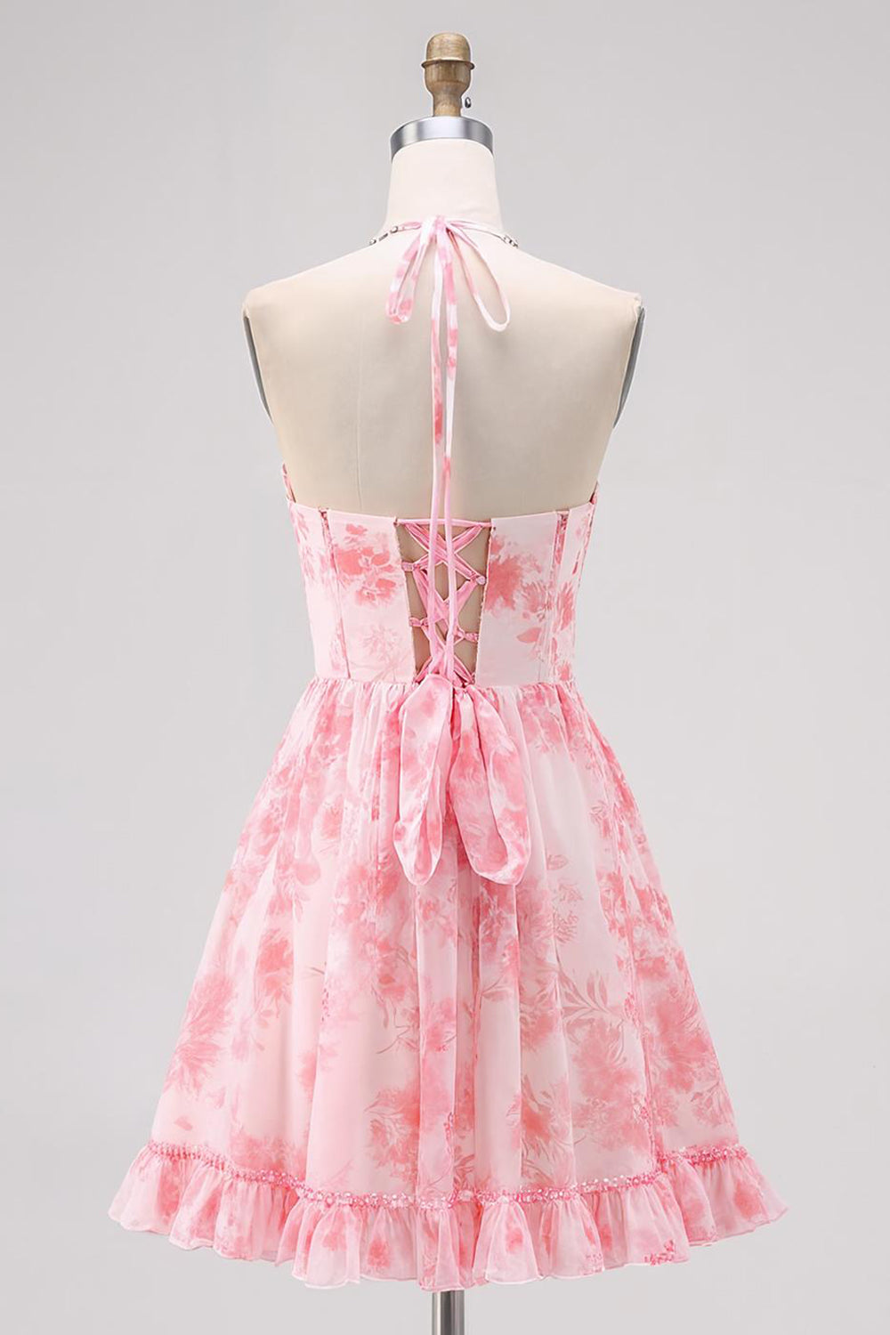 Sparkly Pink Halter A Line Pearls Short Floral Homecoming Dress
