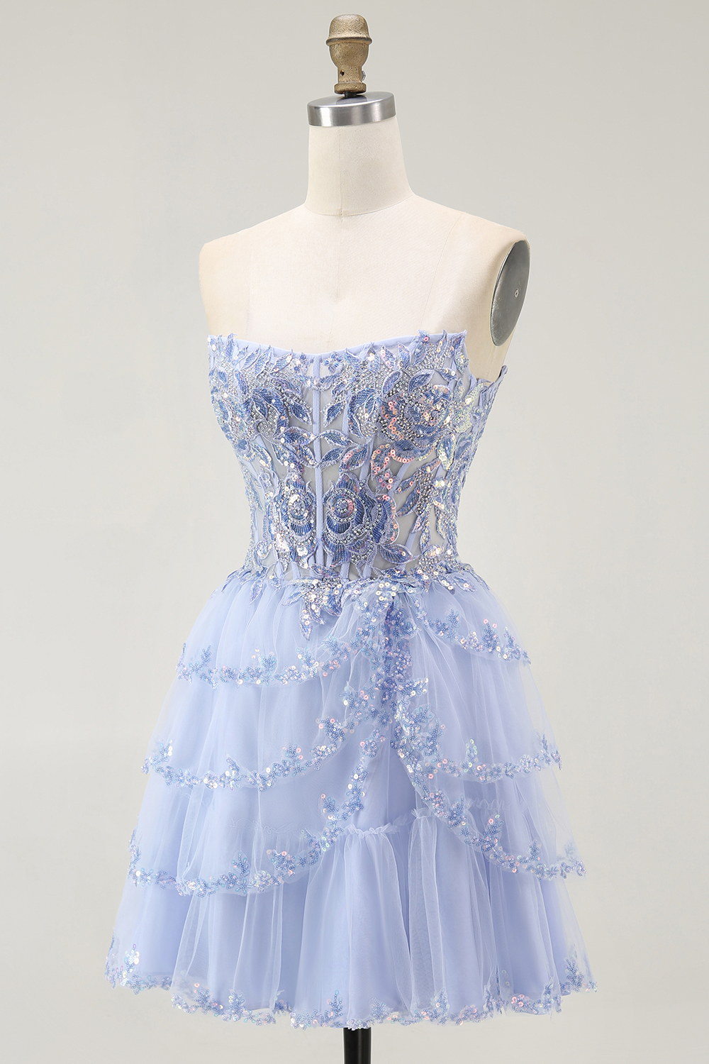 Sparkly Lavender Strapless Tiered Short Corset Homecoming Dress