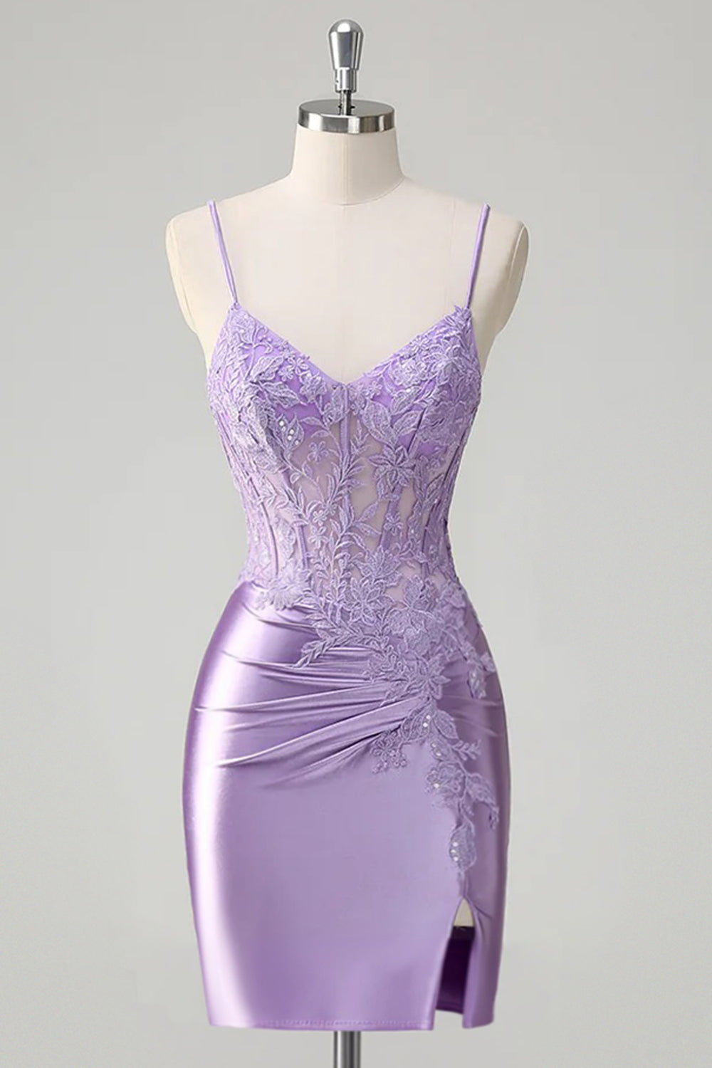Floral Lilac Satin Tight Short Corset Homecoming Dress with Slit