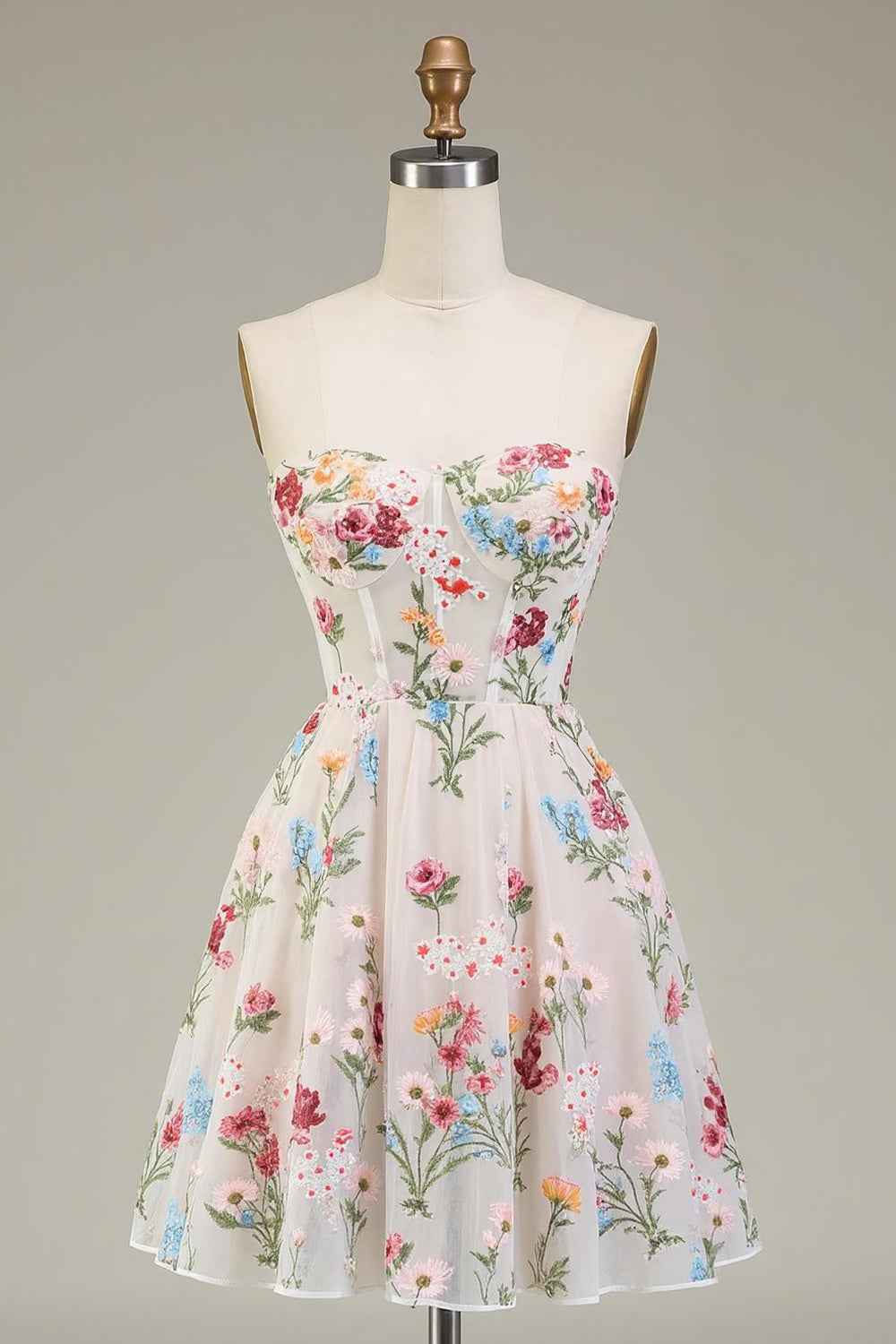 Floral Ivory Sweetheart A Line Short Corset Homecoming Dress