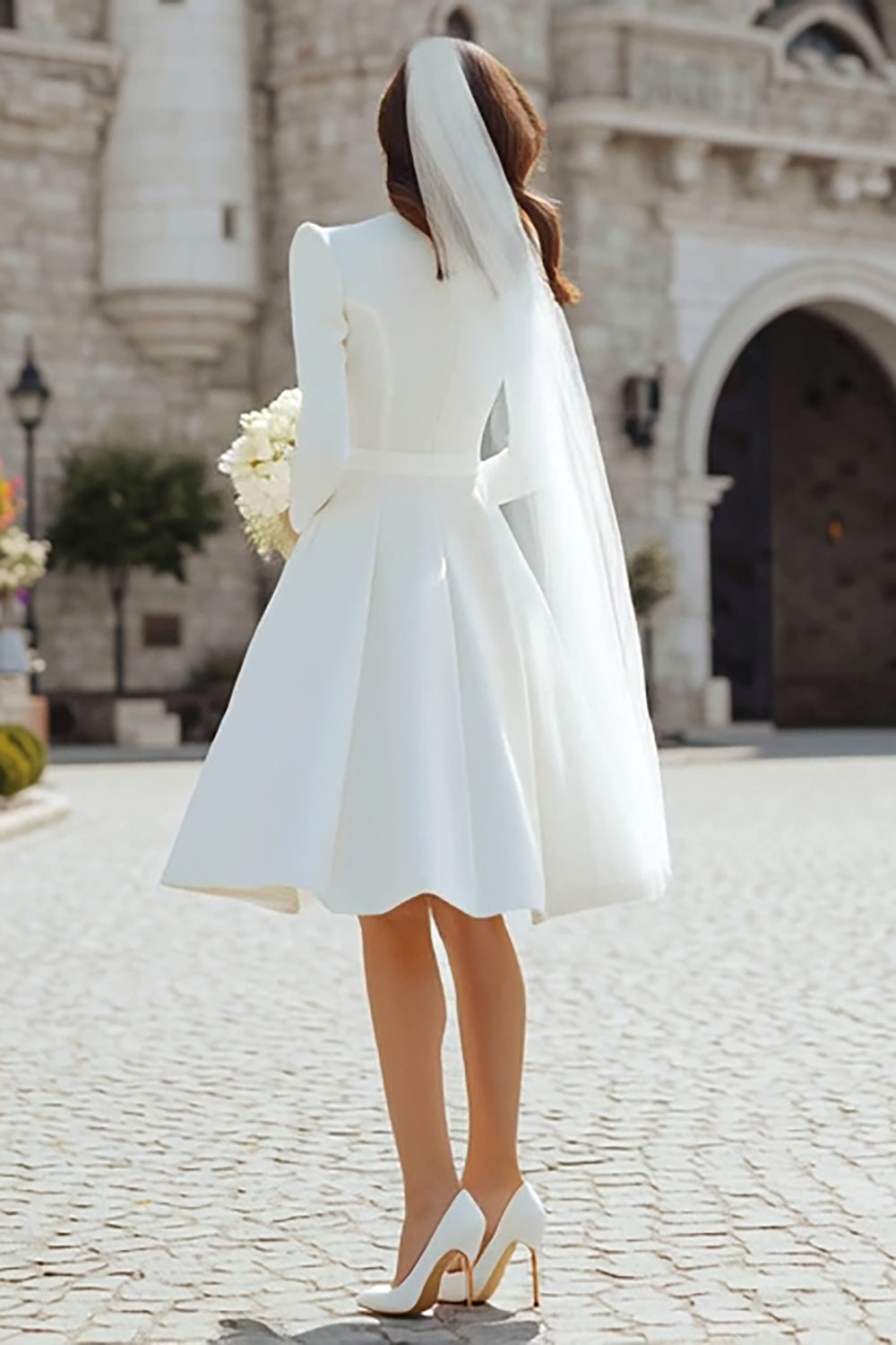 Ivory Satin Midi A Line Midi Formal Dress with Sleeves