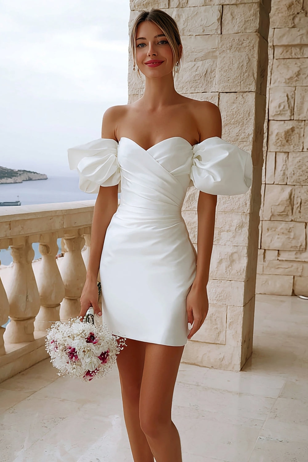 Ivory Satin Bodycon Off the Shoulder Short Bridal Shower Dress
