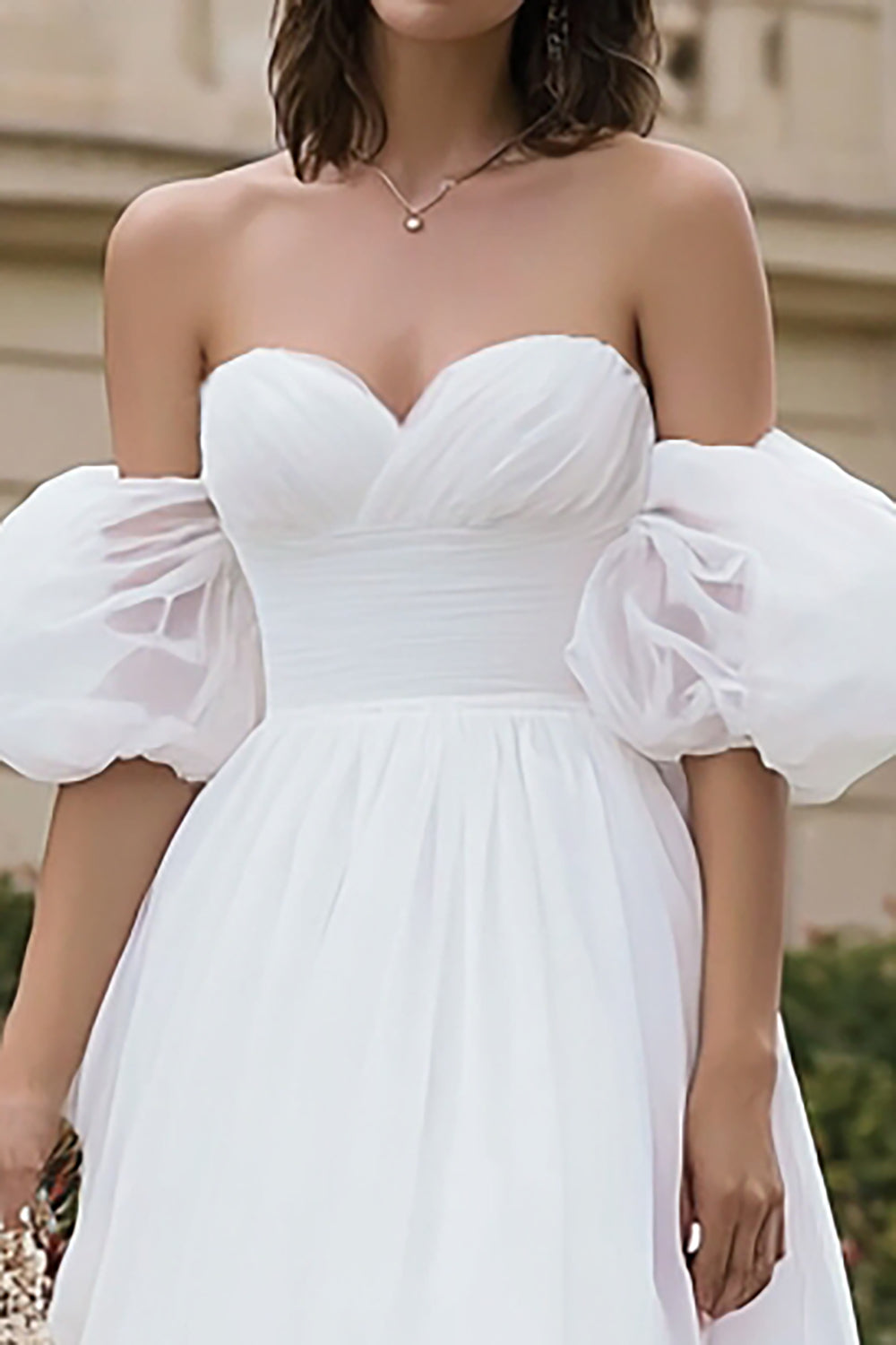 Ivory Organza A Line Off the Shoulder Midi Formal Dress