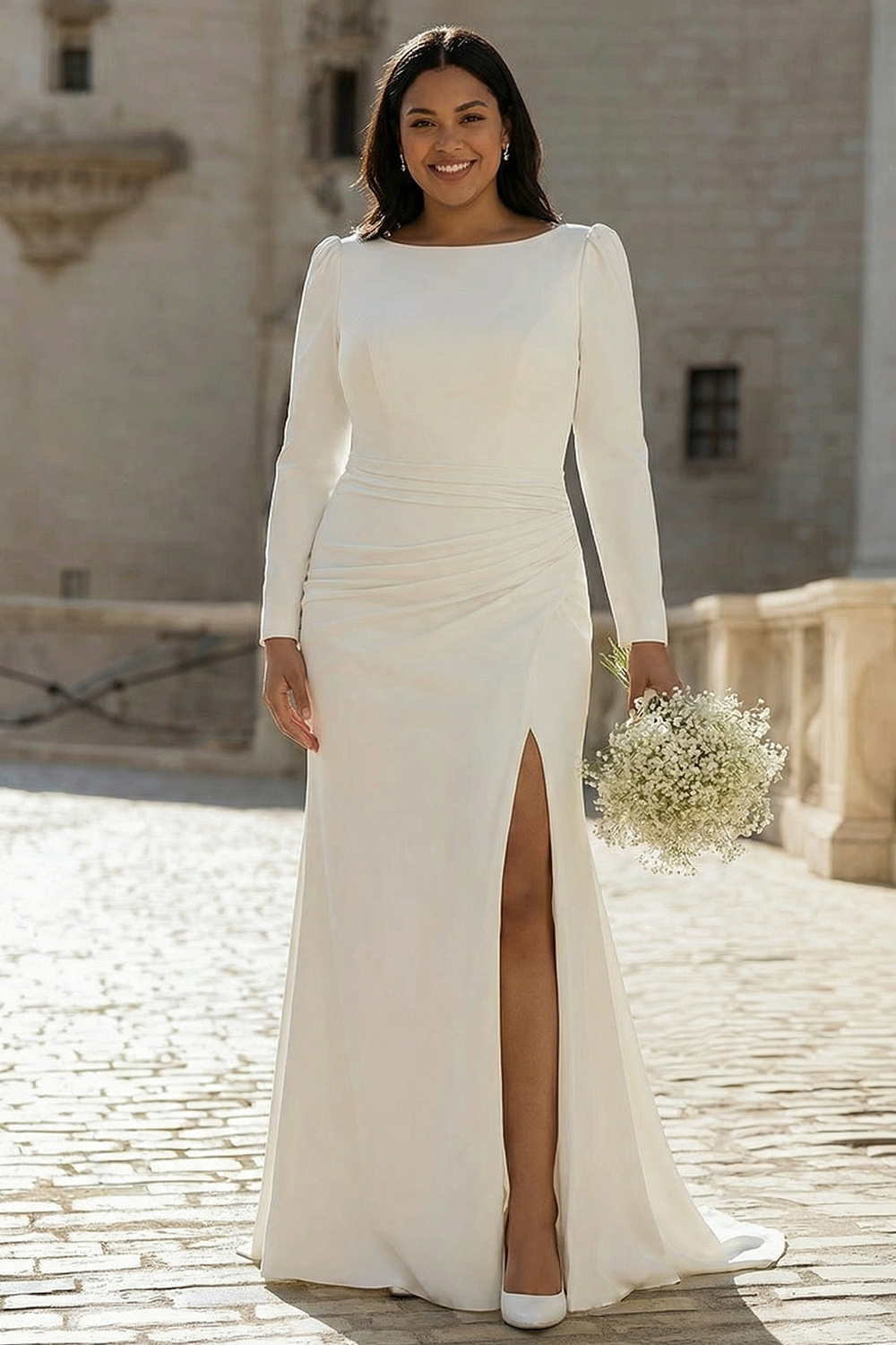Ivory Sheath Bateau Neck Long Sleeves Formal Dress with Slit