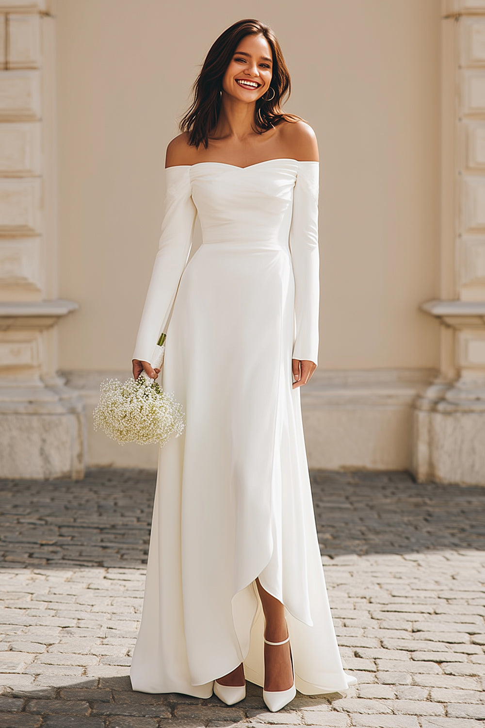 Ivory Satin Off the Shoulder Maxi Engagement Dress with Sleeves