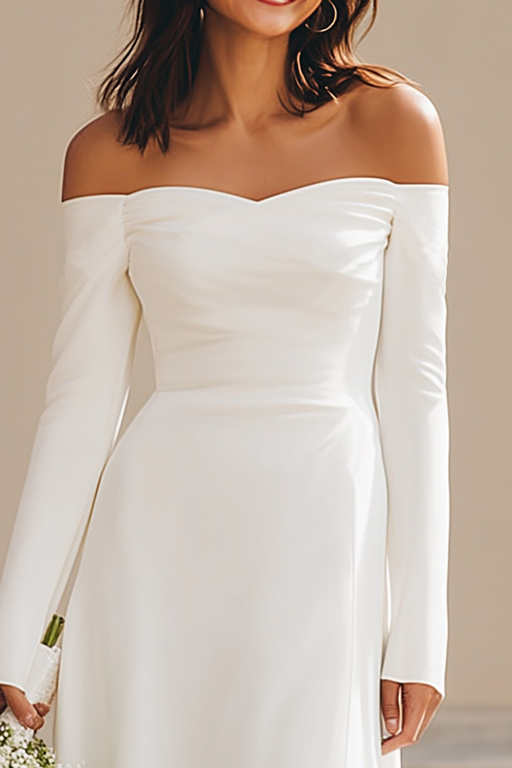 Ivory Satin Off the Shoulder Maxi Engagement Dress with Sleeves