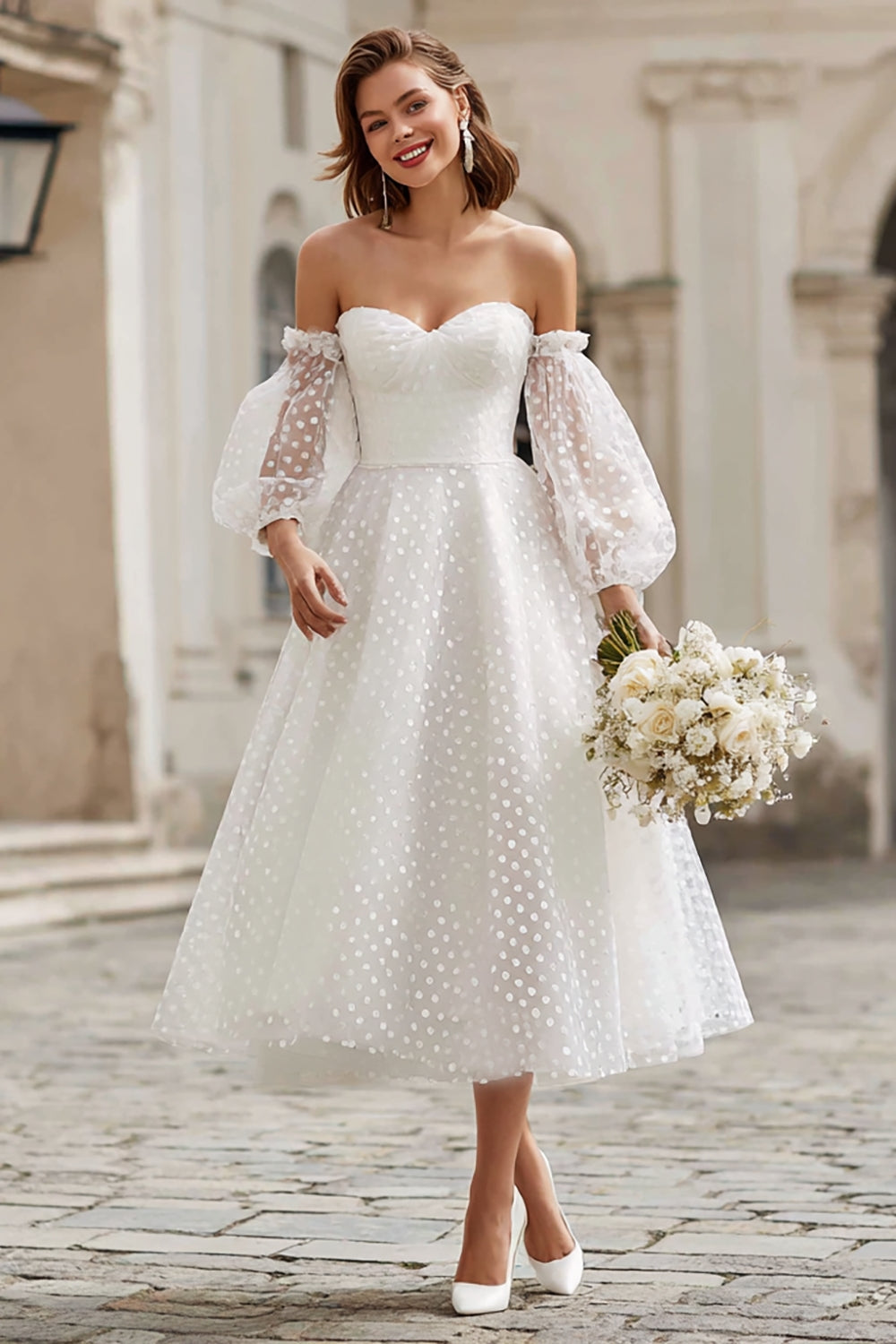 Ivory A Line Tulle Off the Shoulder Midi Wedding Dress with Sleeves