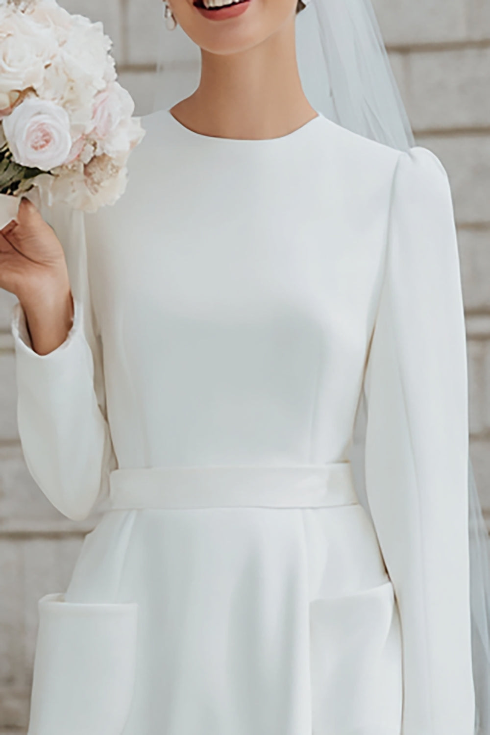 Ivory A Line Round Neck Short Wedding Dress with Sleeves