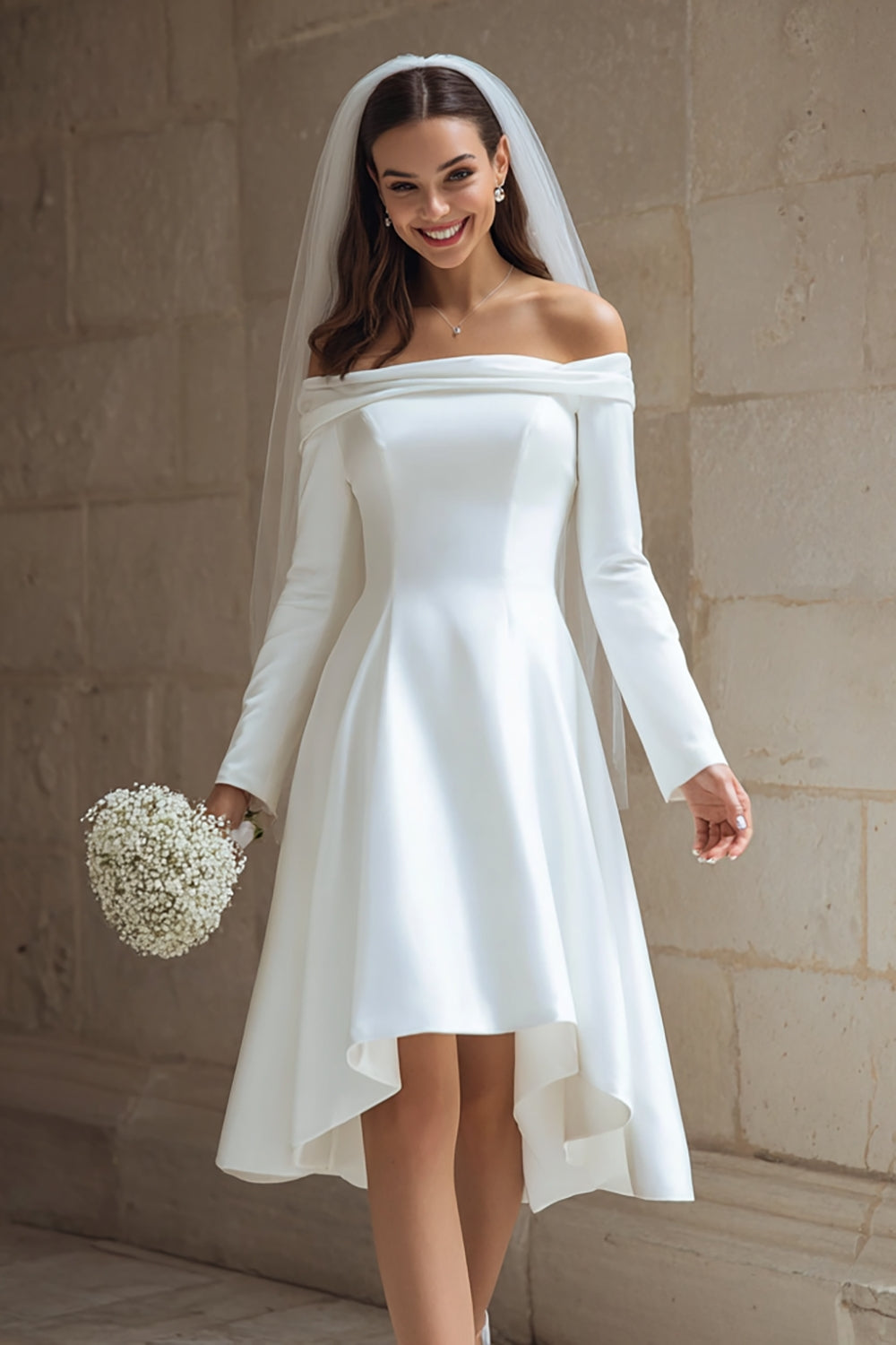 Ivory Satin A Line Off the Shoulder Short Wedding Dress with Sleeves