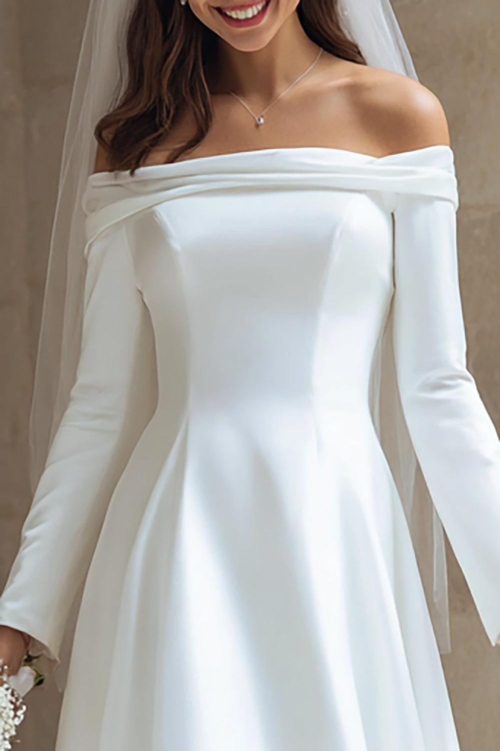 Ivory Satin A Line Off the Shoulder Short Wedding Dress with Sleeves