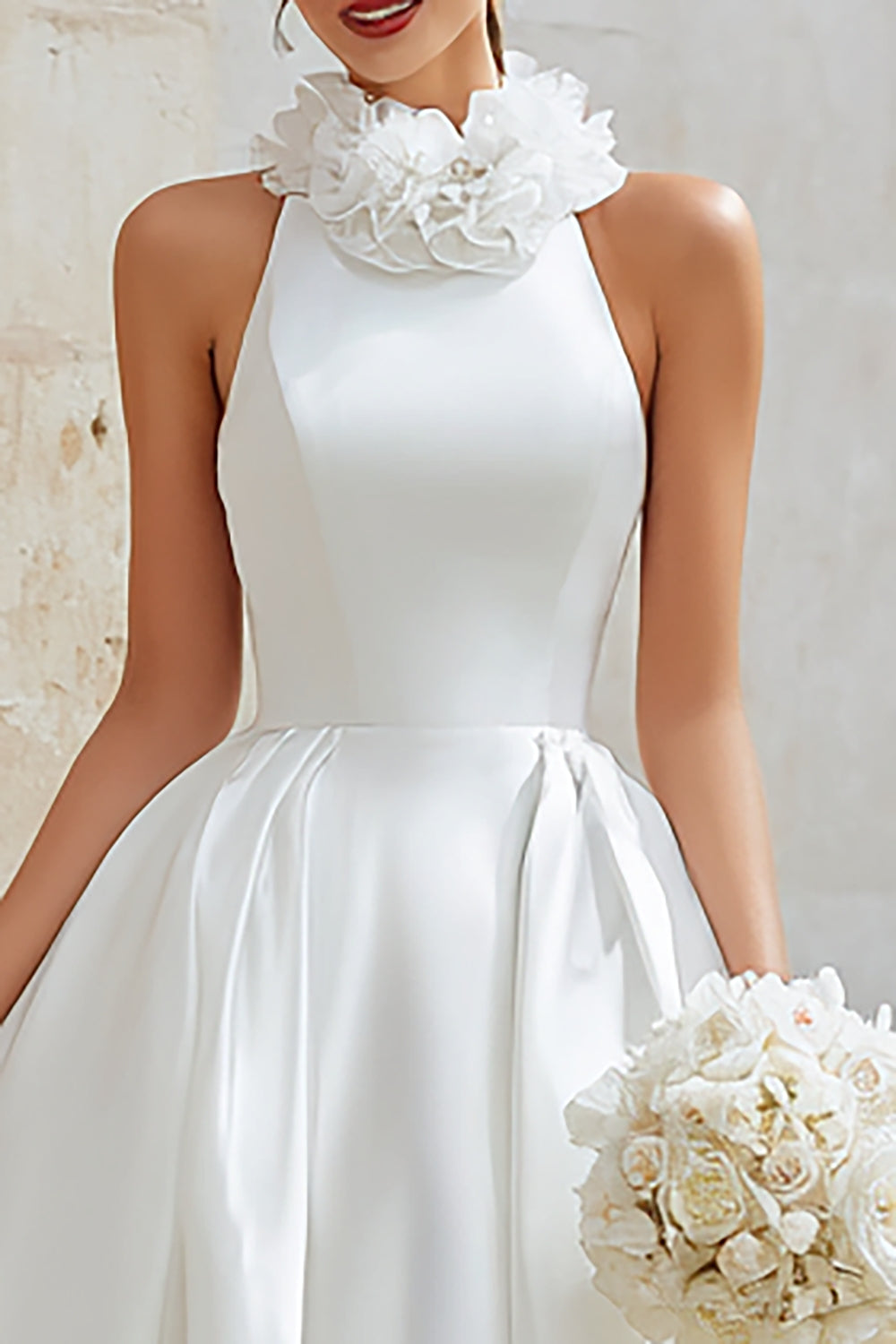 Ivory Satin A-Line High Neck High Low Floral Wedding Dress